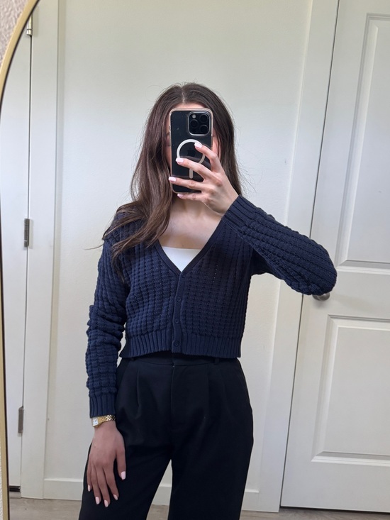 Cotton On Sweaters - Cotton On Cropped Navy V-Neck Knit Cardigan